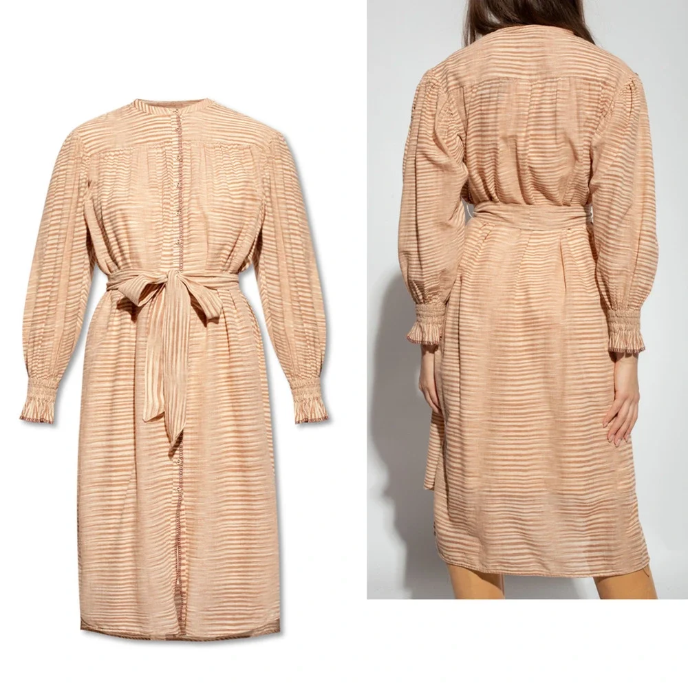 NEW Ulla Johnson Fiora Striped Shirt Dress Medium Sz 8 Beige Tan Brown Feminine
